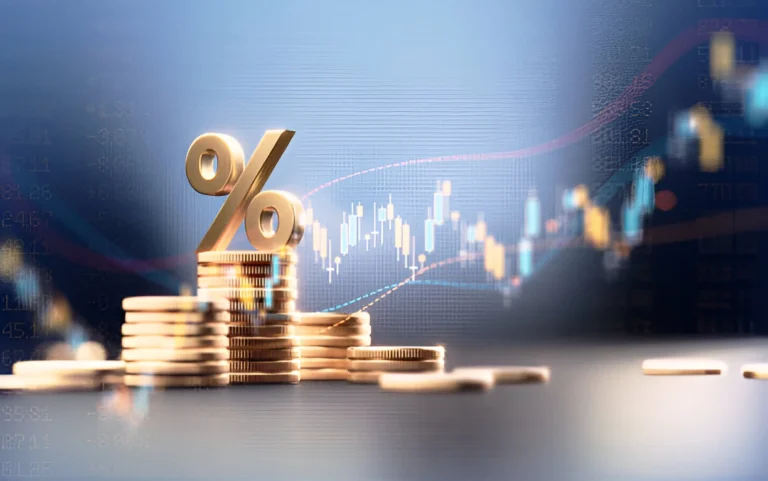 Stacks of coins with golden percentage symbol and financial stock market graph in background, representing interest rates in Nepal