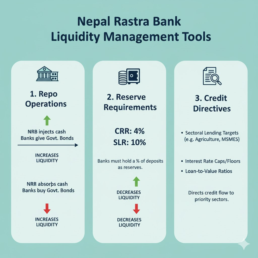 NRB liquidity management tools - showing repo operations, reserve requirements, and credit directives